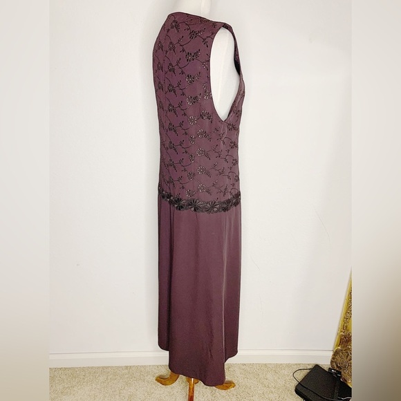 TOKUKO 1ER VOL Burgundy Floral Embroidered Crochet Sleeveless Tunic Dress Size 9 - Picture 4 of 10